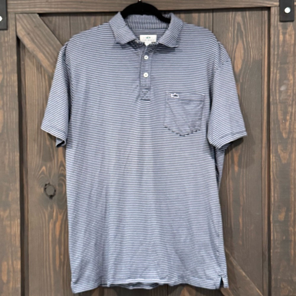 Fish Hippie Men’s Navy Blue Striped Polo‎ Short Sleeve Size Large